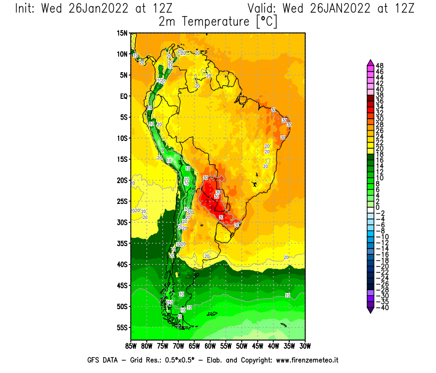 Mappa di analisi GFS - Temperatura a 2 metri dal suolo [°C] in Sud-America
							del 26/01/2022 12 <!--googleoff: index-->UTC<!--googleon: index-->