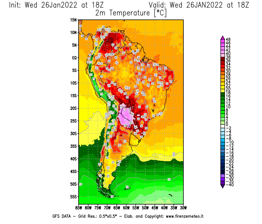 Mappa di analisi GFS - Temperatura a 2 metri dal suolo [°C] in Sud-America
							del 26/01/2022 18 <!--googleoff: index-->UTC<!--googleon: index-->