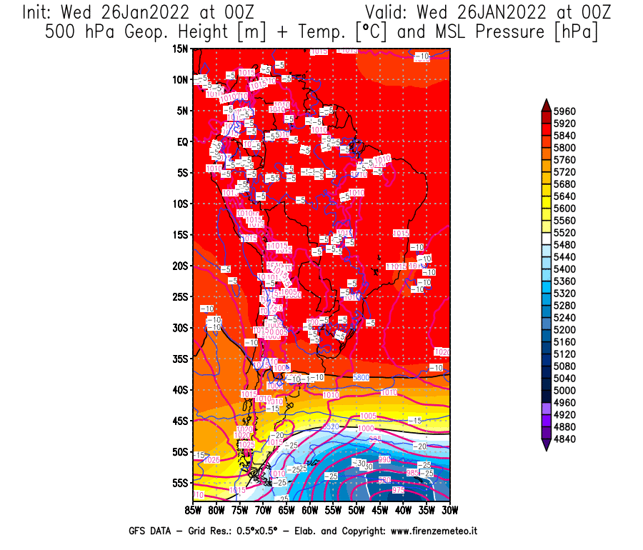 Mappa di analisi GFS - Geopotenziale [m] + Temp. [°C] a 500 hPa + Press. a livello del mare [hPa] in Sud-America
							del 26/01/2022 00 <!--googleoff: index-->UTC<!--googleon: index-->