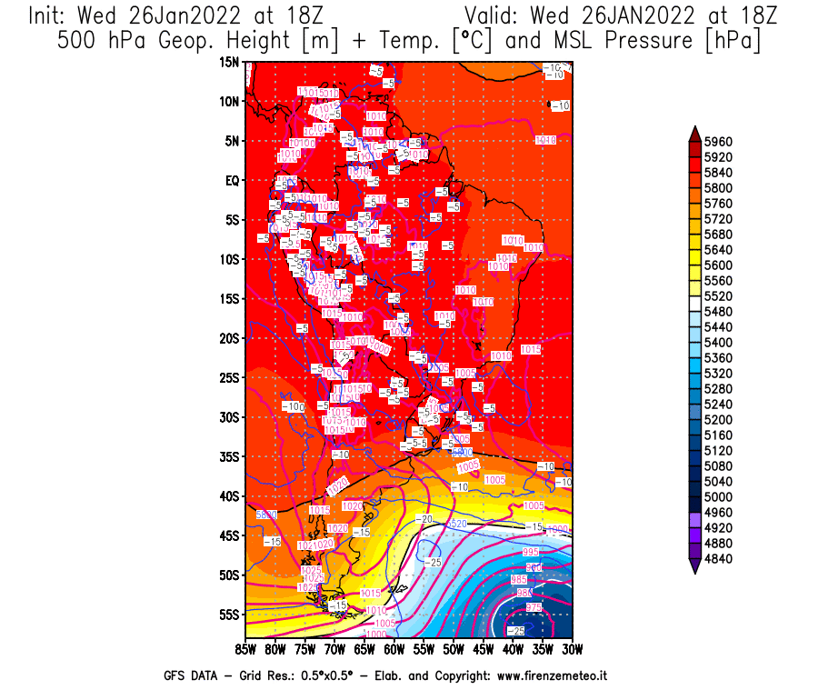 Mappa di analisi GFS - Geopotenziale [m] + Temp. [°C] a 500 hPa + Press. a livello del mare [hPa] in Sud-America
							del 26/01/2022 18 <!--googleoff: index-->UTC<!--googleon: index-->