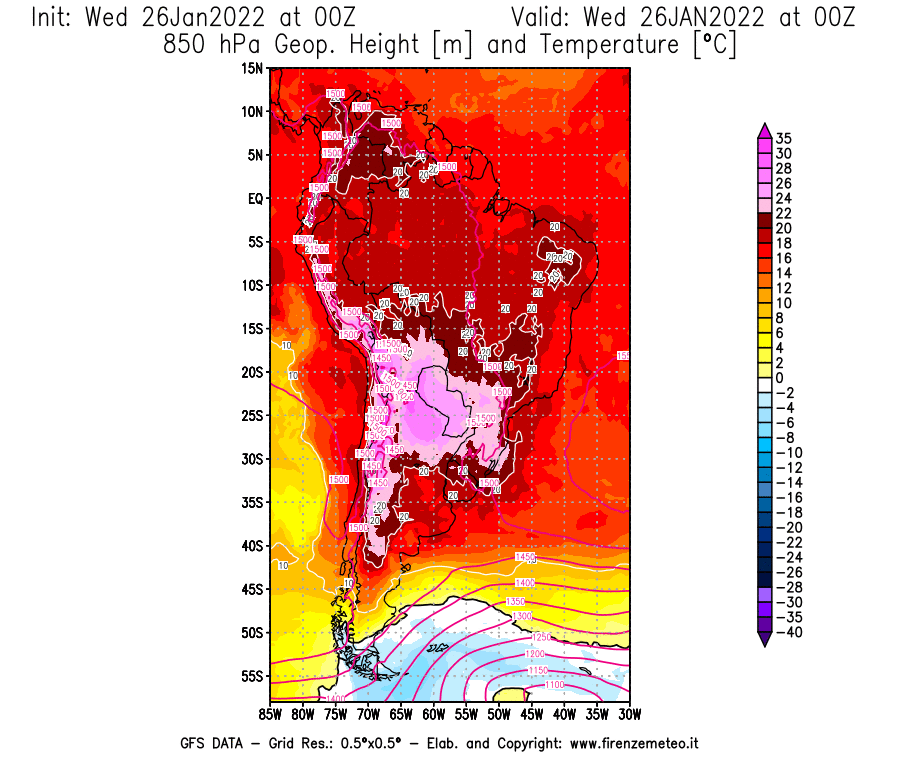 Mappa di analisi GFS - Geopotenziale [m] e Temperatura [°C] a 850 hPa in Sud-America
							del 26/01/2022 00 <!--googleoff: index-->UTC<!--googleon: index-->