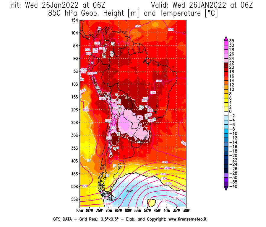 Mappa di analisi GFS - Geopotenziale [m] e Temperatura [°C] a 850 hPa in Sud-America
							del 26/01/2022 06 <!--googleoff: index-->UTC<!--googleon: index-->