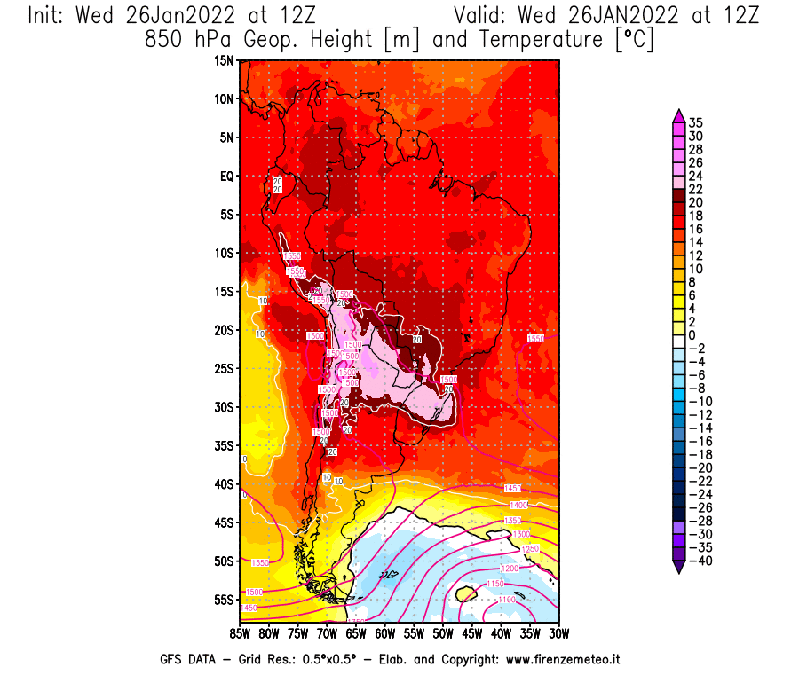 Mappa di analisi GFS - Geopotenziale [m] e Temperatura [°C] a 850 hPa in Sud-America
							del 26/01/2022 12 <!--googleoff: index-->UTC<!--googleon: index-->