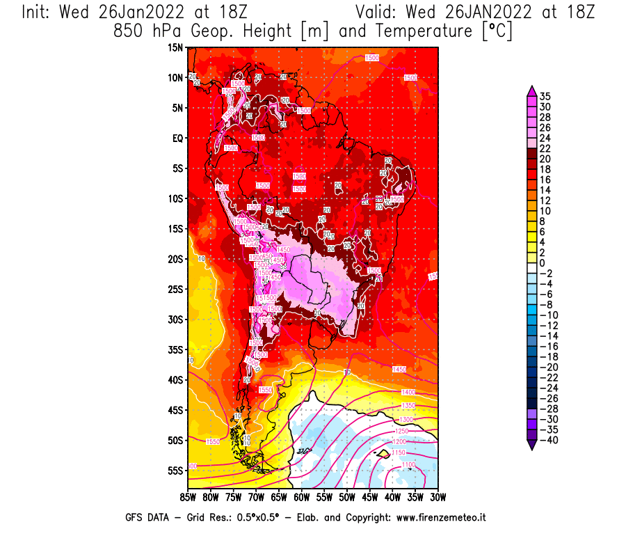 Mappa di analisi GFS - Geopotenziale [m] e Temperatura [°C] a 850 hPa in Sud-America
							del 26/01/2022 18 <!--googleoff: index-->UTC<!--googleon: index-->