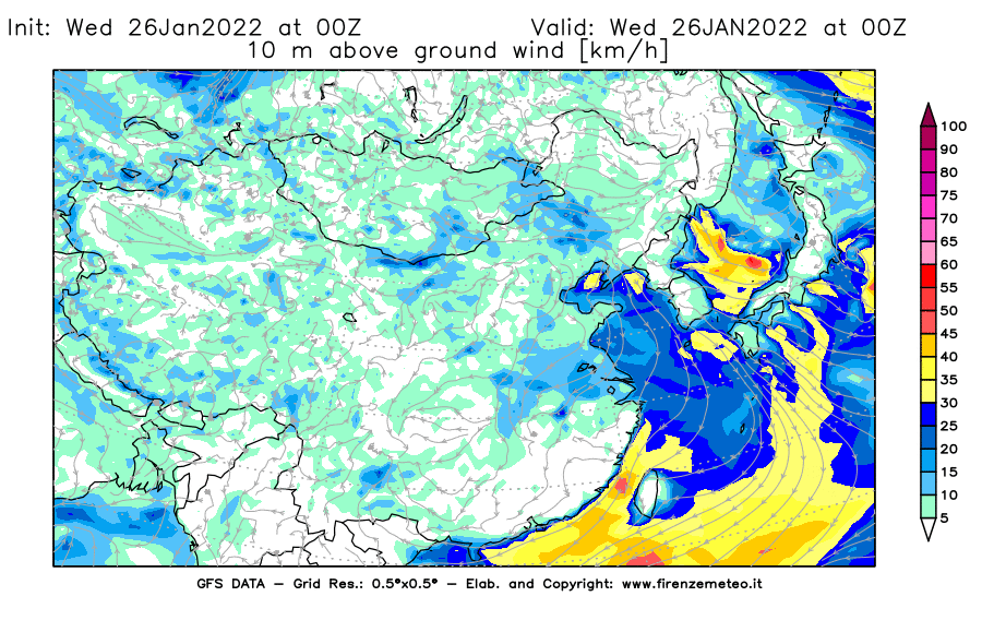 Mappa di analisi GFS - Velocità del vento a 10 metri dal suolo [km/h] in Asia Orientale
							del 26/01/2022 00 <!--googleoff: index-->UTC<!--googleon: index-->