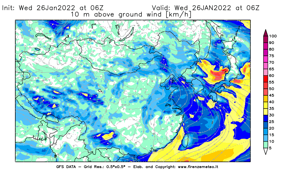 Mappa di analisi GFS - Velocità del vento a 10 metri dal suolo [km/h] in Asia Orientale
							del 26/01/2022 06 <!--googleoff: index-->UTC<!--googleon: index-->