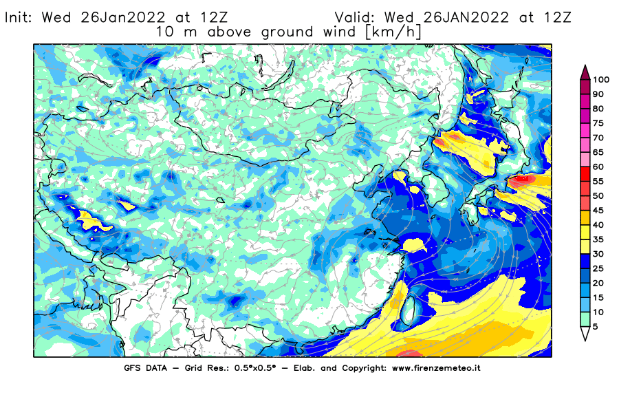 Mappa di analisi GFS - Velocità del vento a 10 metri dal suolo [km/h] in Asia Orientale
							del 26/01/2022 12 <!--googleoff: index-->UTC<!--googleon: index-->