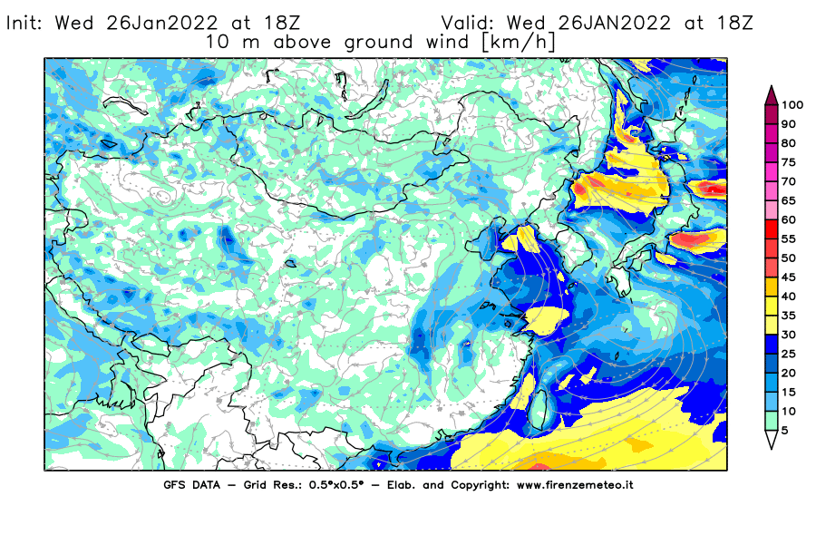Mappa di analisi GFS - Velocità del vento a 10 metri dal suolo [km/h] in Asia Orientale
							del 26/01/2022 18 <!--googleoff: index-->UTC<!--googleon: index-->