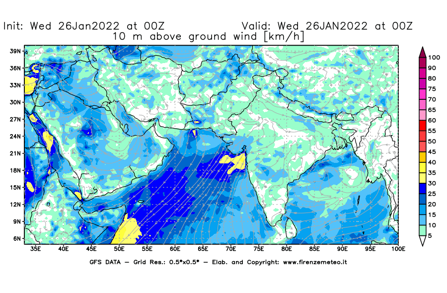 Mappa di analisi GFS - Velocità del vento a 10 metri dal suolo [km/h] in Asia Sud-Occidentale
							del 26/01/2022 00 <!--googleoff: index-->UTC<!--googleon: index-->