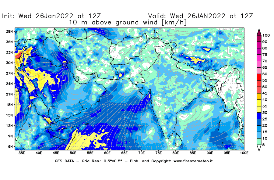 Mappa di analisi GFS - Velocità del vento a 10 metri dal suolo [km/h] in Asia Sud-Occidentale
							del 26/01/2022 12 <!--googleoff: index-->UTC<!--googleon: index-->