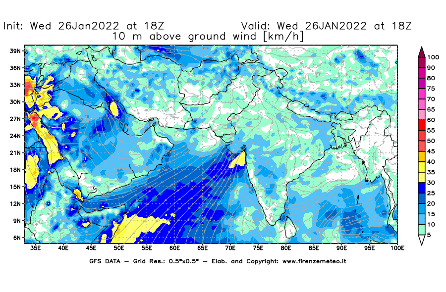Mappa di analisi GFS - Velocità del vento a 10 metri dal suolo [km/h] in Asia Sud-Occidentale
							del 26/01/2022 18 <!--googleoff: index-->UTC<!--googleon: index-->