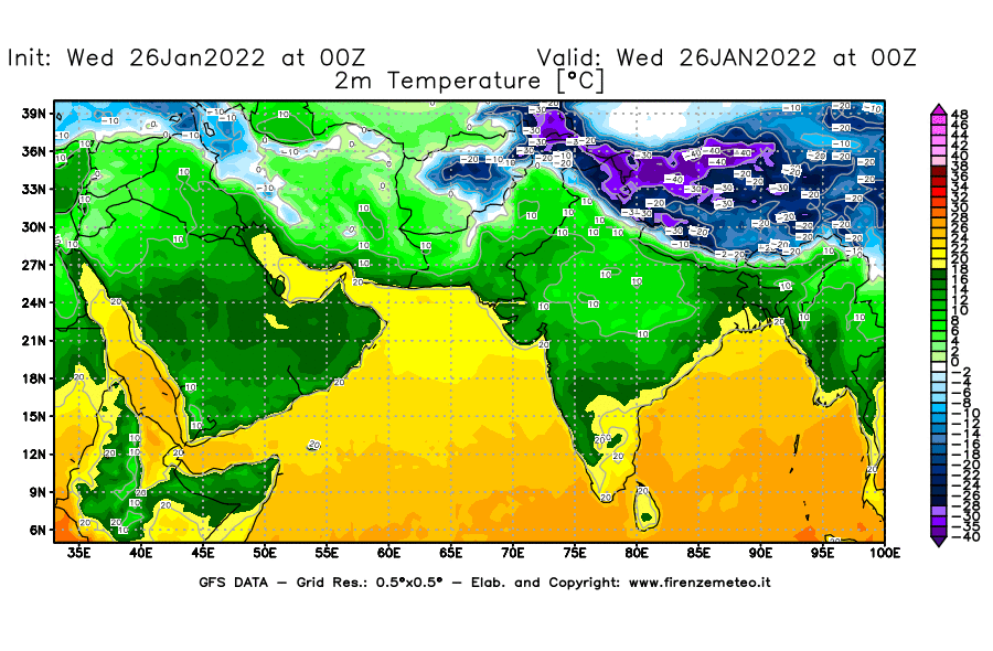 Mappa di analisi GFS - Temperatura a 2 metri dal suolo [°C] in Asia Sud-Occidentale
							del 26/01/2022 00 <!--googleoff: index-->UTC<!--googleon: index-->
