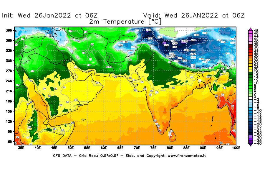 Mappa di analisi GFS - Temperatura a 2 metri dal suolo [°C] in Asia Sud-Occidentale
							del 26/01/2022 06 <!--googleoff: index-->UTC<!--googleon: index-->