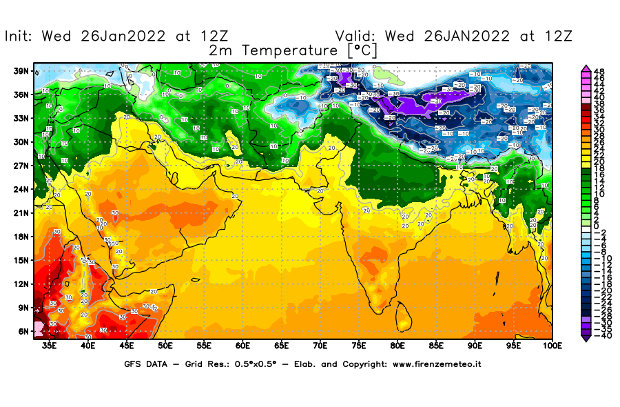 Mappa di analisi GFS - Temperatura a 2 metri dal suolo [°C] in Asia Sud-Occidentale
							del 26/01/2022 12 <!--googleoff: index-->UTC<!--googleon: index-->