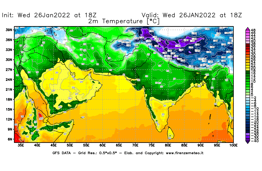 Mappa di analisi GFS - Temperatura a 2 metri dal suolo [°C] in Asia Sud-Occidentale
							del 26/01/2022 18 <!--googleoff: index-->UTC<!--googleon: index-->