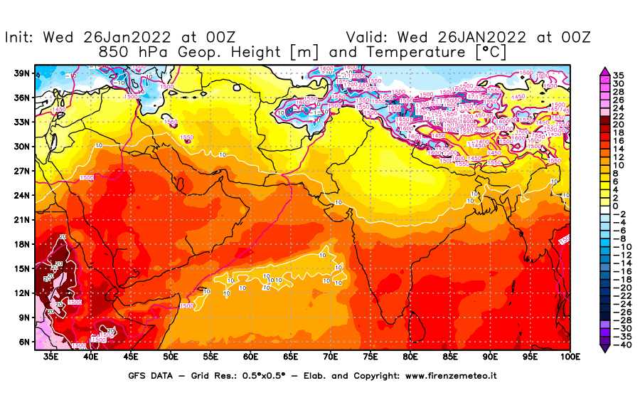 Mappa di analisi GFS - Geopotenziale [m] e Temperatura [°C] a 850 hPa in Asia Sud-Occidentale
							del 26/01/2022 00 <!--googleoff: index-->UTC<!--googleon: index-->