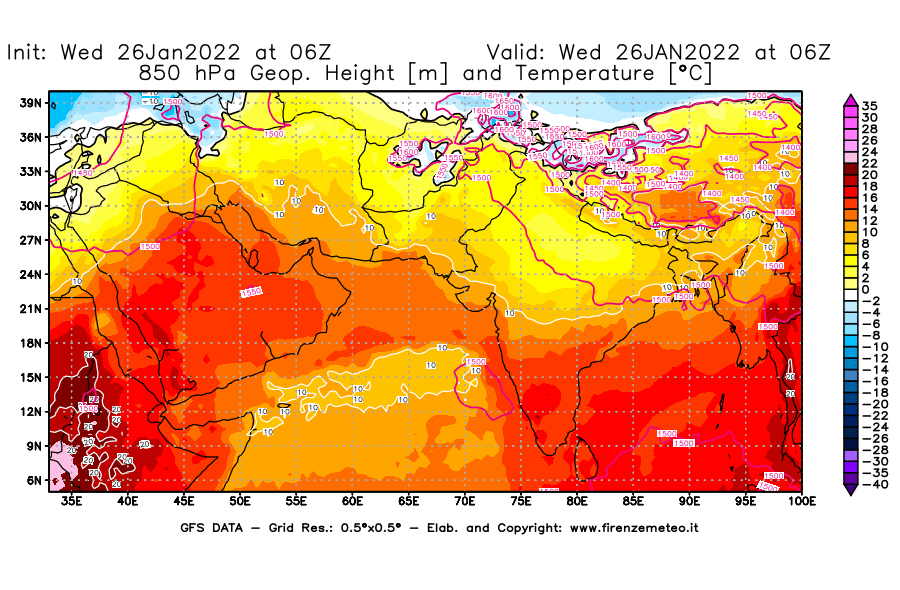 Mappa di analisi GFS - Geopotenziale [m] e Temperatura [°C] a 850 hPa in Asia Sud-Occidentale
							del 26/01/2022 06 <!--googleoff: index-->UTC<!--googleon: index-->