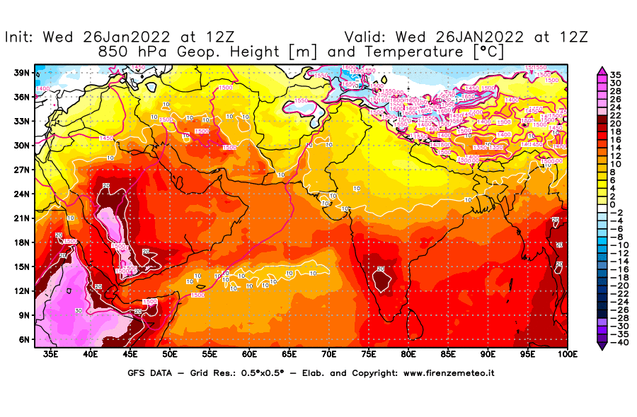 Mappa di analisi GFS - Geopotenziale [m] e Temperatura [°C] a 850 hPa in Asia Sud-Occidentale
							del 26/01/2022 12 <!--googleoff: index-->UTC<!--googleon: index-->