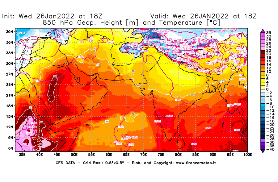 Mappa di analisi GFS - Geopotenziale [m] e Temperatura [°C] a 850 hPa in Asia Sud-Occidentale
							del 26/01/2022 18 <!--googleoff: index-->UTC<!--googleon: index-->