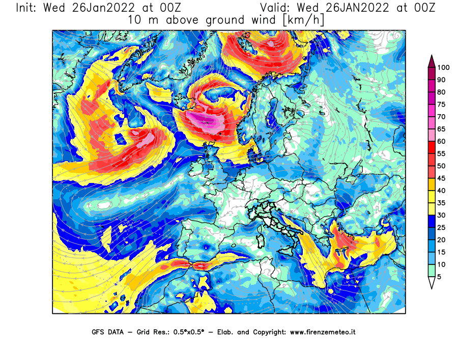 Mappa di analisi GFS - Velocità del vento a 10 metri dal suolo [km/h] in Europa
							del 26/01/2022 00 <!--googleoff: index-->UTC<!--googleon: index-->