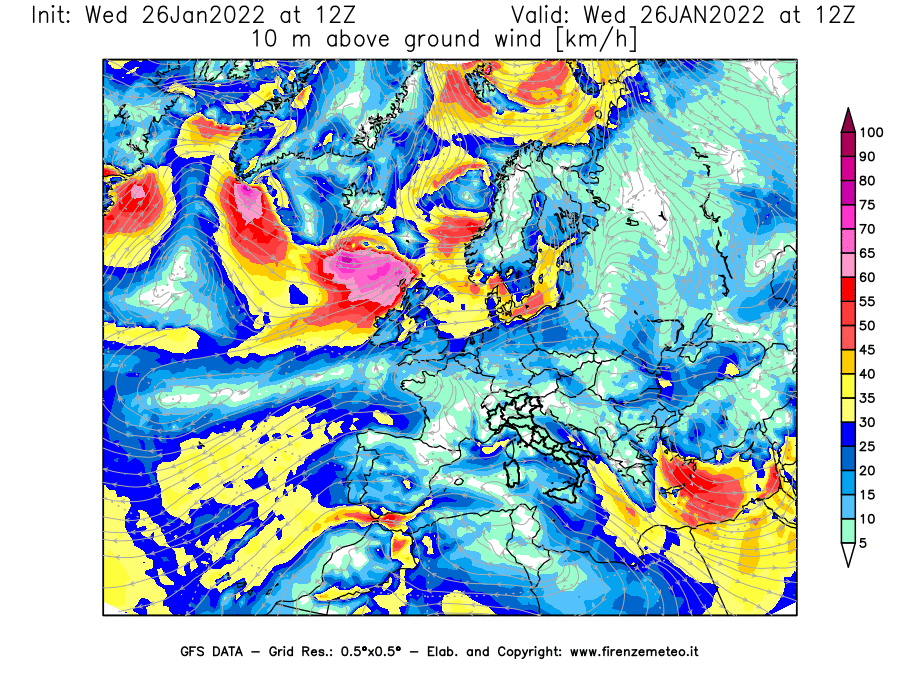 Mappa di analisi GFS - Velocità del vento a 10 metri dal suolo [km/h] in Europa
							del 26/01/2022 12 <!--googleoff: index-->UTC<!--googleon: index-->