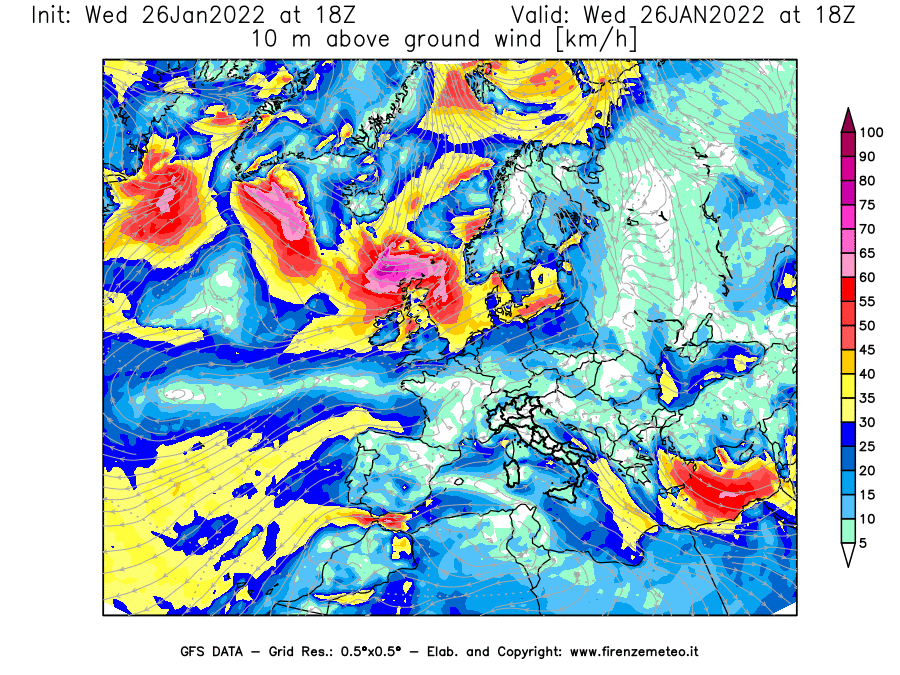 Mappa di analisi GFS - Velocità del vento a 10 metri dal suolo [km/h] in Europa
							del 26/01/2022 18 <!--googleoff: index-->UTC<!--googleon: index-->