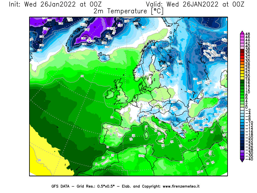 Mappa di analisi GFS - Temperatura a 2 metri dal suolo [°C] in Europa
							del 26/01/2022 00 <!--googleoff: index-->UTC<!--googleon: index-->