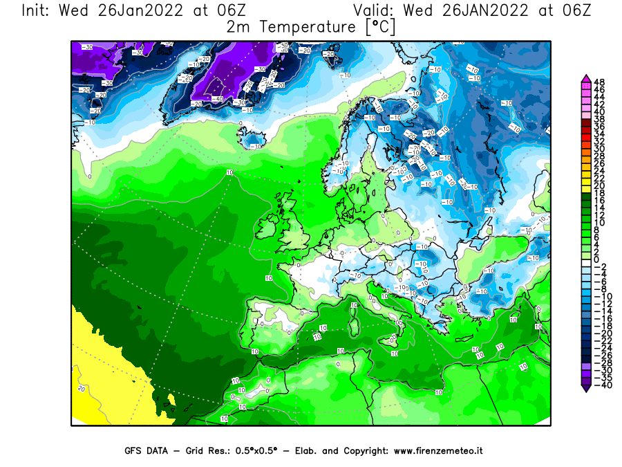 Mappa di analisi GFS - Temperatura a 2 metri dal suolo [°C] in Europa
							del 26/01/2022 06 <!--googleoff: index-->UTC<!--googleon: index-->