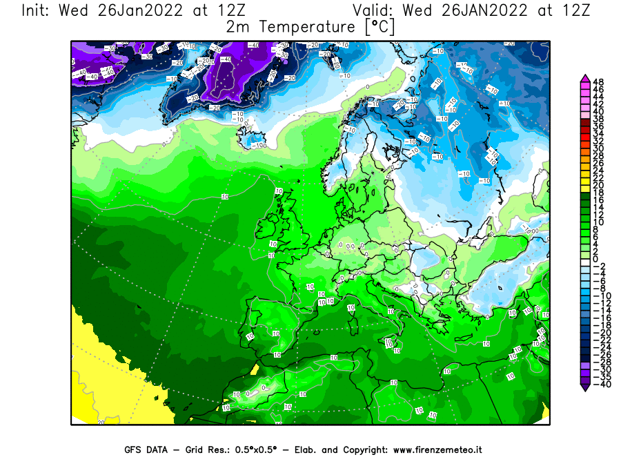 Mappa di analisi GFS - Temperatura a 2 metri dal suolo [°C] in Europa
							del 26/01/2022 12 <!--googleoff: index-->UTC<!--googleon: index-->