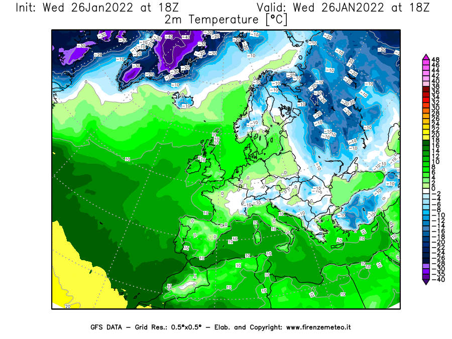 Mappa di analisi GFS - Temperatura a 2 metri dal suolo [°C] in Europa
							del 26/01/2022 18 <!--googleoff: index-->UTC<!--googleon: index-->