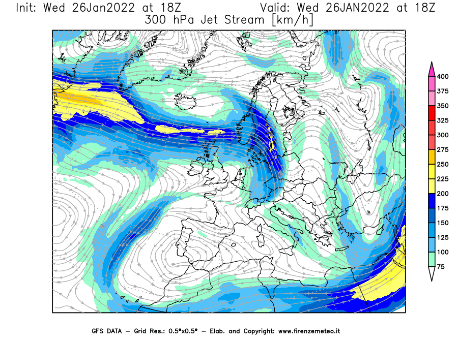 Mappa di analisi GFS - Jet Stream a 300 hPa in Europa
							del 26/01/2022 18 <!--googleoff: index-->UTC<!--googleon: index-->