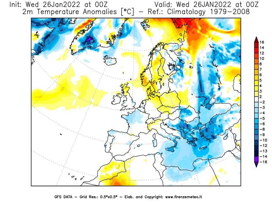 Mappa di analisi GFS - Anomalia Temperatura [°C] a 2 m in Europa
							del 26/01/2022 00 <!--googleoff: index-->UTC<!--googleon: index-->