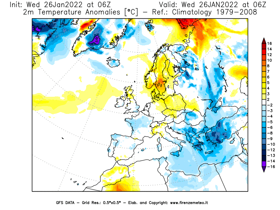 Mappa di analisi GFS - Anomalia Temperatura [°C] a 2 m in Europa
							del 26/01/2022 06 <!--googleoff: index-->UTC<!--googleon: index-->