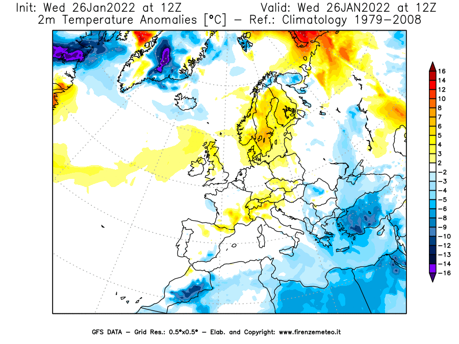 Mappa di analisi GFS - Anomalia Temperatura [°C] a 2 m in Europa
							del 26/01/2022 12 <!--googleoff: index-->UTC<!--googleon: index-->