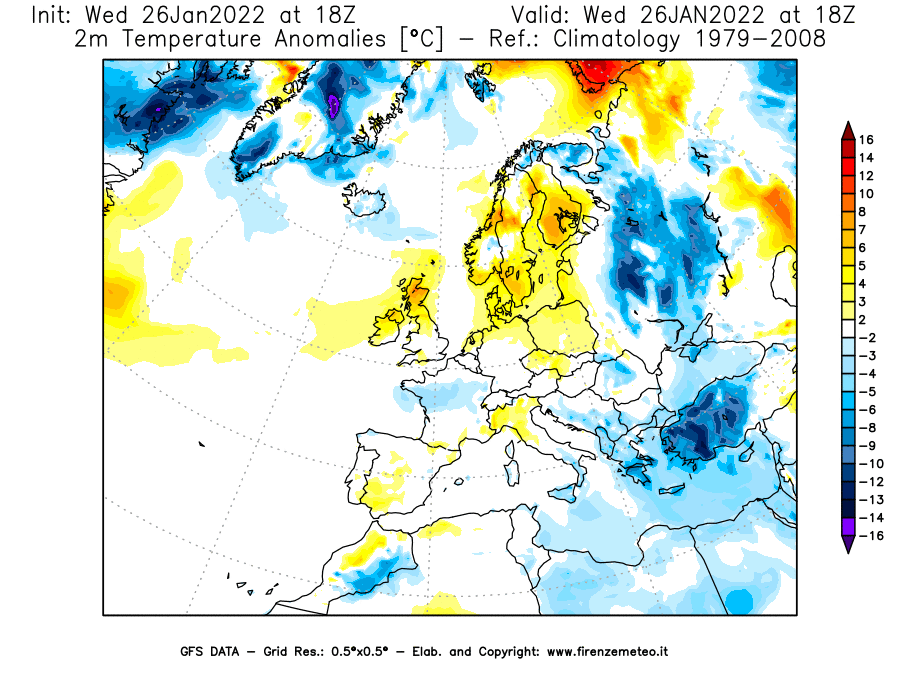Mappa di analisi GFS - Anomalia Temperatura [°C] a 2 m in Europa
							del 26/01/2022 18 <!--googleoff: index-->UTC<!--googleon: index-->