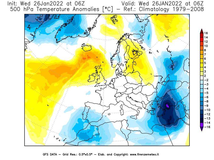 Mappa di analisi GFS - Anomalia Temperatura [°C] a 500 hPa in Europa
							del 26/01/2022 06 <!--googleoff: index-->UTC<!--googleon: index-->