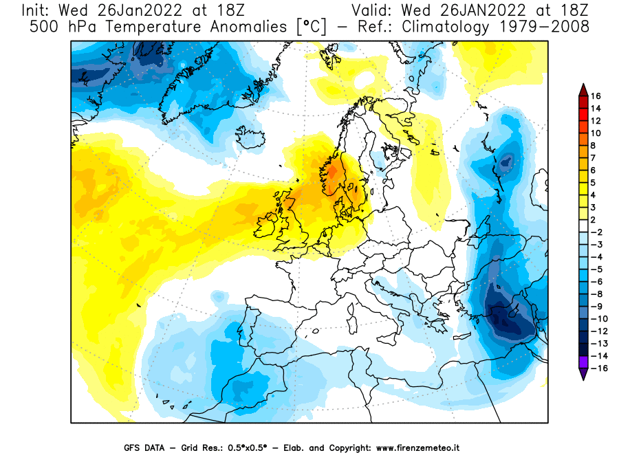 Mappa di analisi GFS - Anomalia Temperatura [°C] a 500 hPa in Europa
							del 26/01/2022 18 <!--googleoff: index-->UTC<!--googleon: index-->