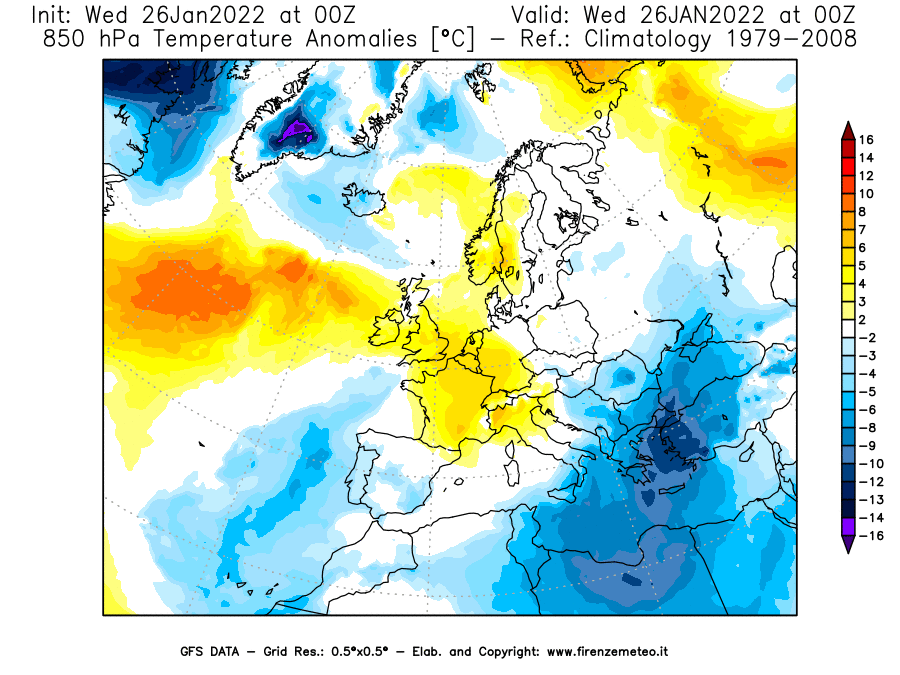 Mappa di analisi GFS - Anomalia Temperatura [°C] a 850 hPa in Europa
							del 26/01/2022 00 <!--googleoff: index-->UTC<!--googleon: index-->