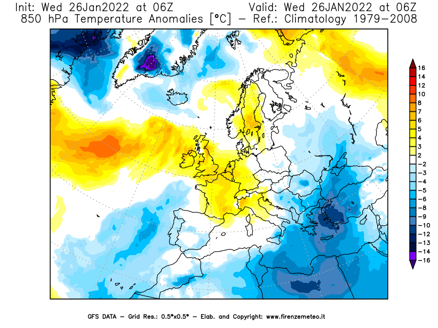 Mappa di analisi GFS - Anomalia Temperatura [°C] a 850 hPa in Europa
							del 26/01/2022 06 <!--googleoff: index-->UTC<!--googleon: index-->