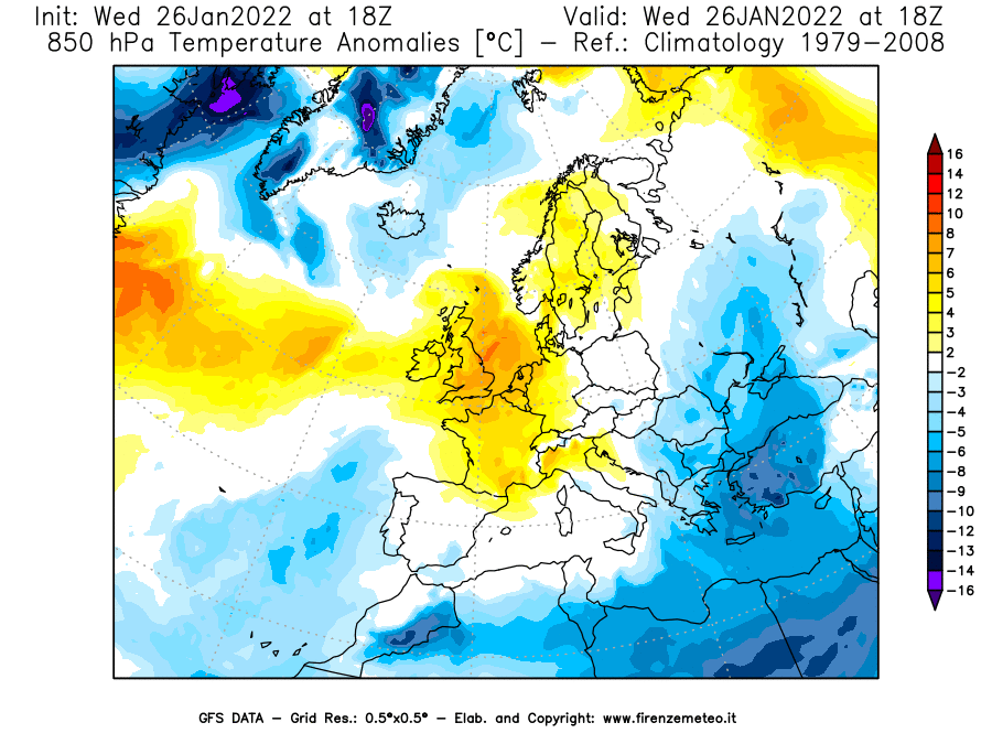 Mappa di analisi GFS - Anomalia Temperatura [°C] a 850 hPa in Europa
							del 26/01/2022 18 <!--googleoff: index-->UTC<!--googleon: index-->