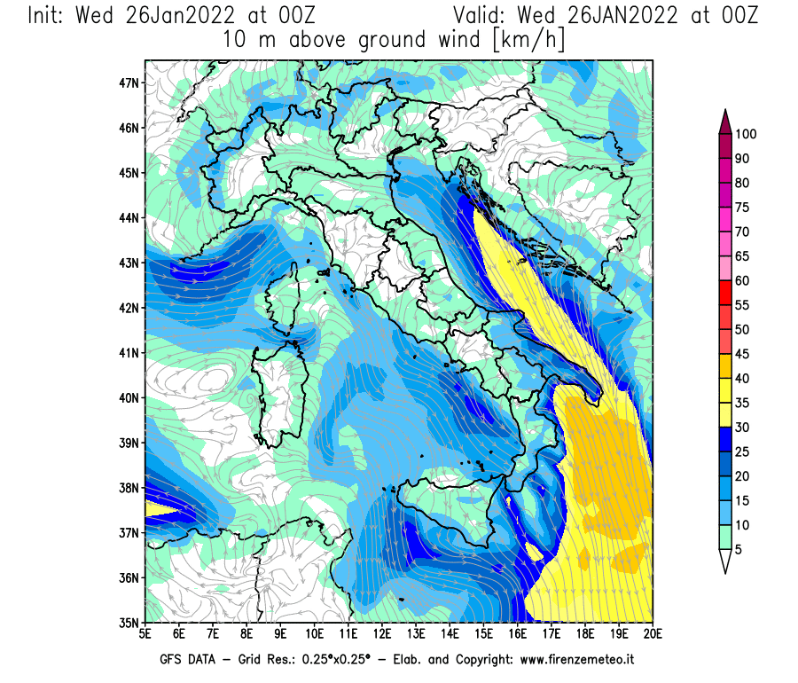 Mappa di analisi GFS - Velocità del vento a 10 metri dal suolo [km/h] in Italia
							del 26/01/2022 00 <!--googleoff: index-->UTC<!--googleon: index-->