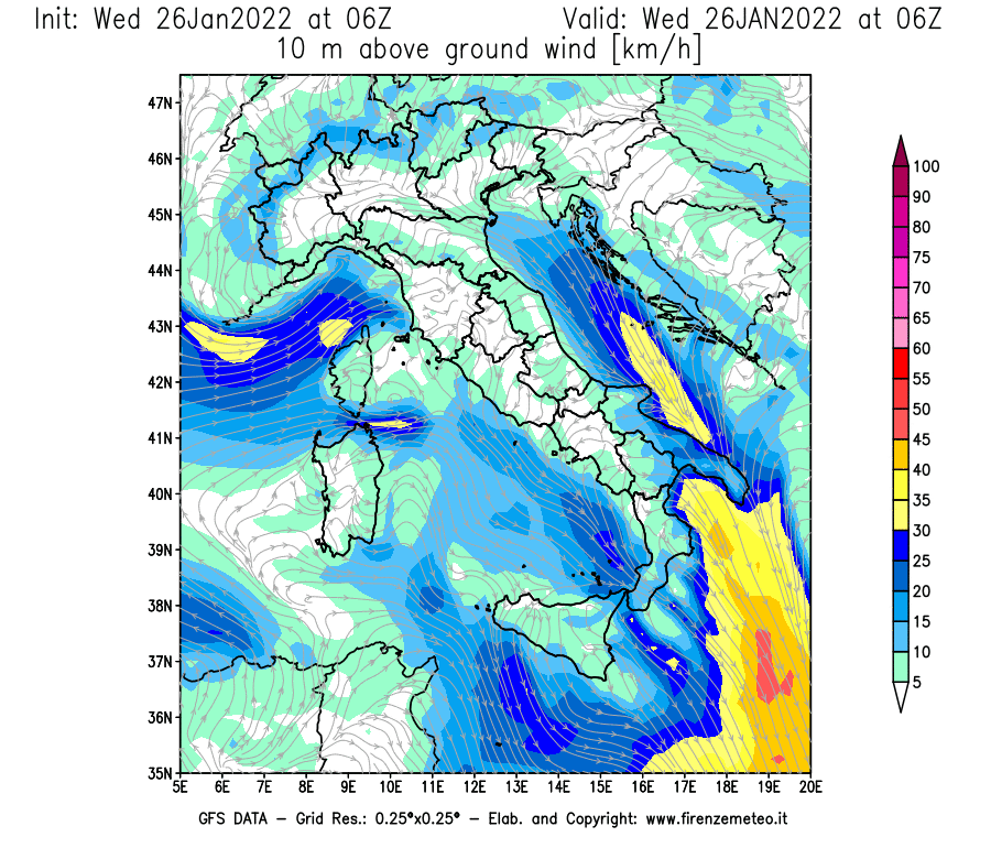 Mappa di analisi GFS - Velocità del vento a 10 metri dal suolo [km/h] in Italia
							del 26/01/2022 06 <!--googleoff: index-->UTC<!--googleon: index-->