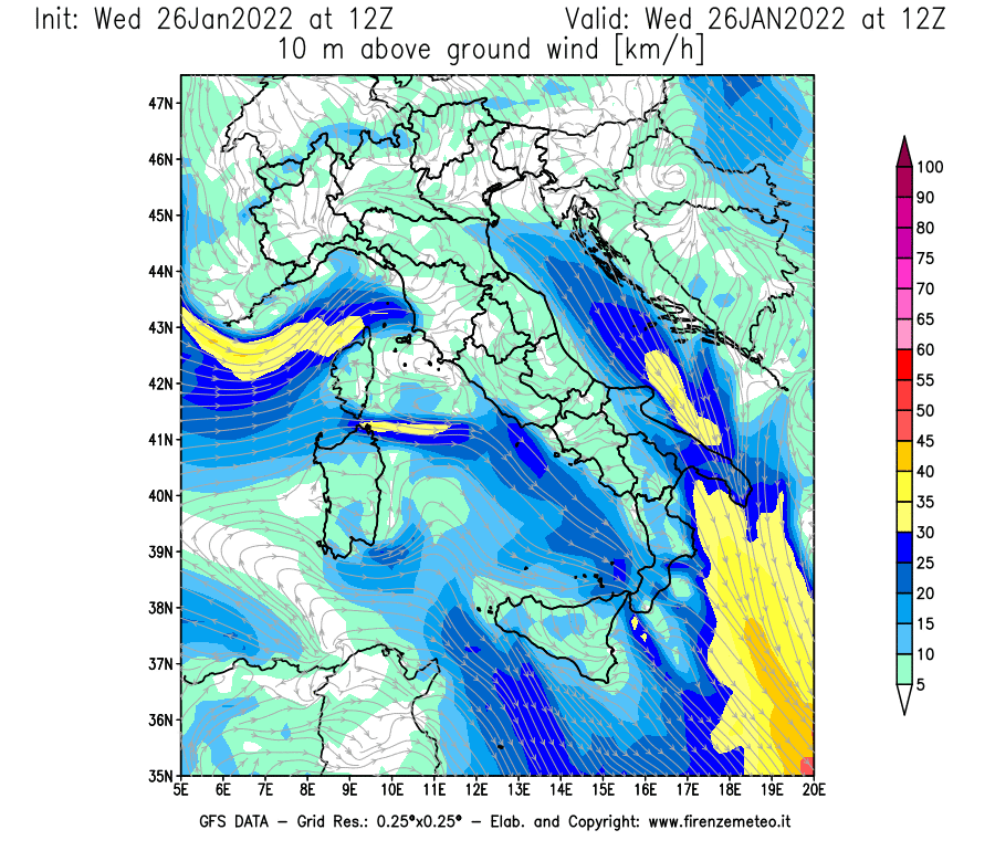 Mappa di analisi GFS - Velocità del vento a 10 metri dal suolo [km/h] in Italia
							del 26/01/2022 12 <!--googleoff: index-->UTC<!--googleon: index-->