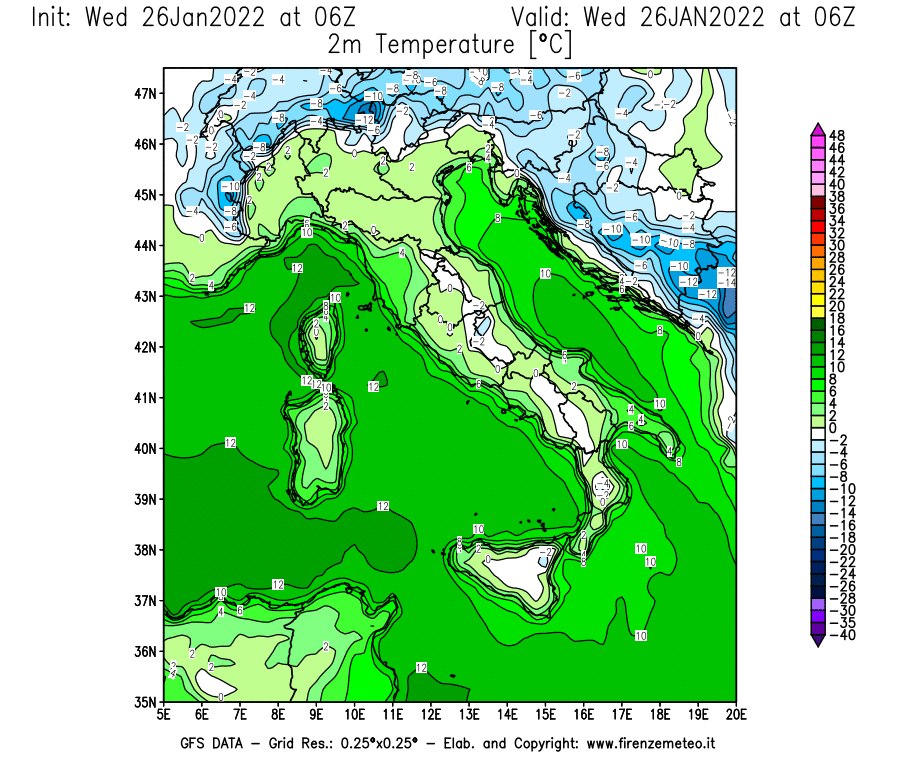 Mappa di analisi GFS - Temperatura a 2 metri dal suolo [°C] in Italia
							del 26/01/2022 06 <!--googleoff: index-->UTC<!--googleon: index-->