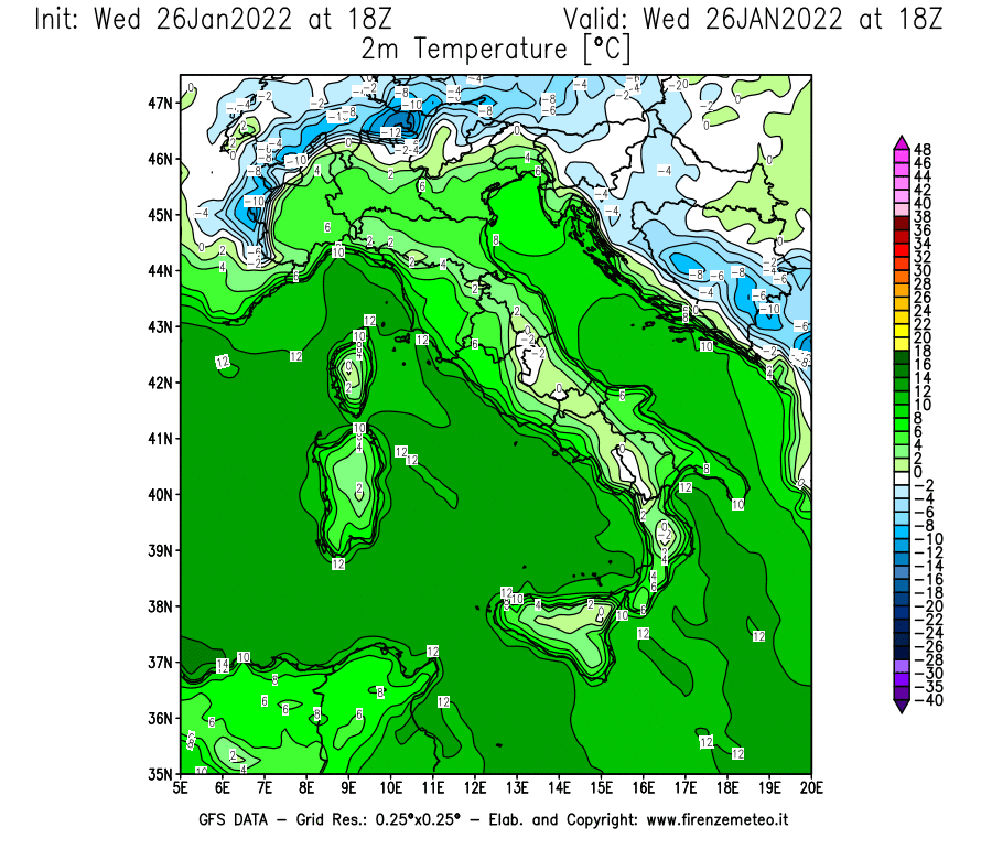 Mappa di analisi GFS - Temperatura a 2 metri dal suolo [°C] in Italia
							del 26/01/2022 18 <!--googleoff: index-->UTC<!--googleon: index-->