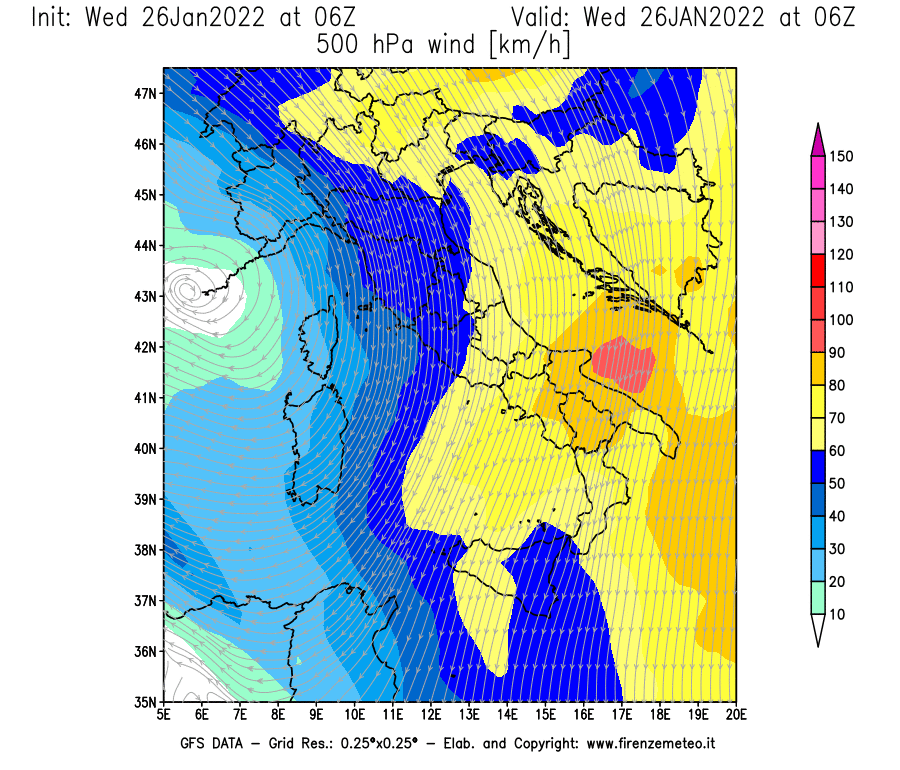 Mappa di analisi GFS - Velocità del vento a 500 hPa [km/h] in Italia
							del 26/01/2022 06 <!--googleoff: index-->UTC<!--googleon: index-->