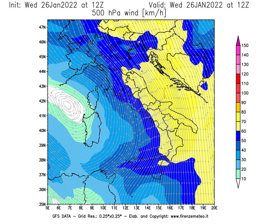 Mappa di analisi GFS - Velocità del vento a 500 hPa [km/h] in Italia
							del 26/01/2022 12 <!--googleoff: index-->UTC<!--googleon: index-->
