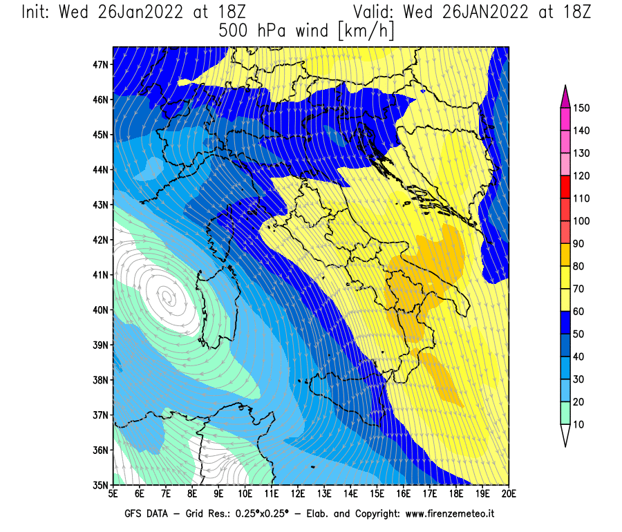 Mappa di analisi GFS - Velocità del vento a 500 hPa [km/h] in Italia
							del 26/01/2022 18 <!--googleoff: index-->UTC<!--googleon: index-->