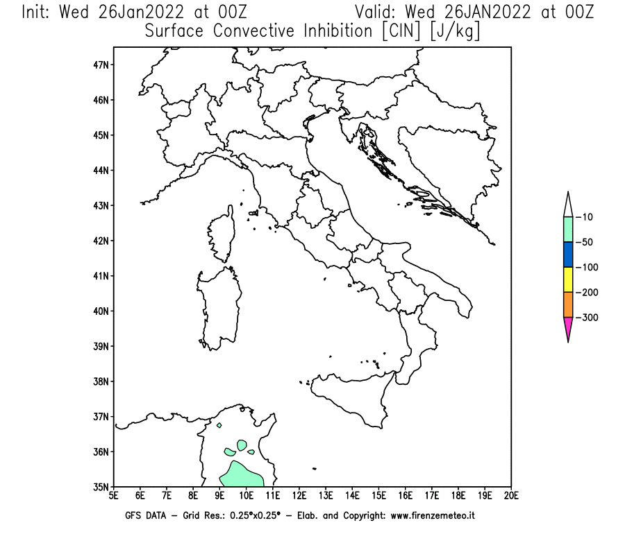 Mappa di analisi GFS - CIN [J/kg] in Italia
							del 26/01/2022 00 <!--googleoff: index-->UTC<!--googleon: index-->
