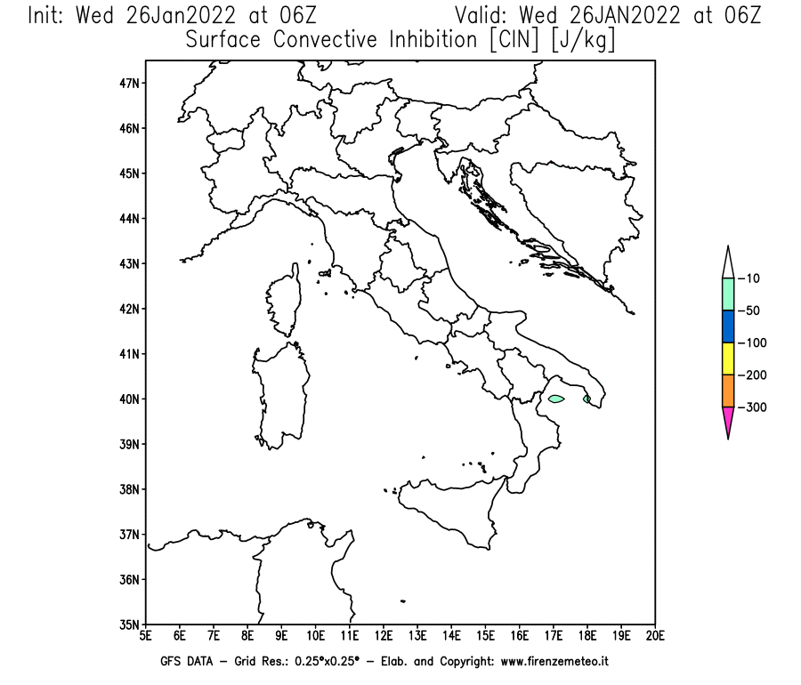 Mappa di analisi GFS - CIN [J/kg] in Italia
							del 26/01/2022 06 <!--googleoff: index-->UTC<!--googleon: index-->